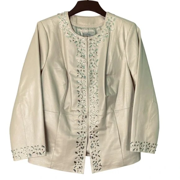 Bradley Bayou Pearlized Ivory Leather Jacket Rhinestone Pockets (Plus Size 1X) - Picture 3 of 14